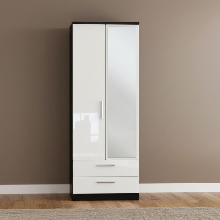 Knightsbridge Wardrobe - 2 Door - 1 Mirror - Tall Combi - White Gloss and Black