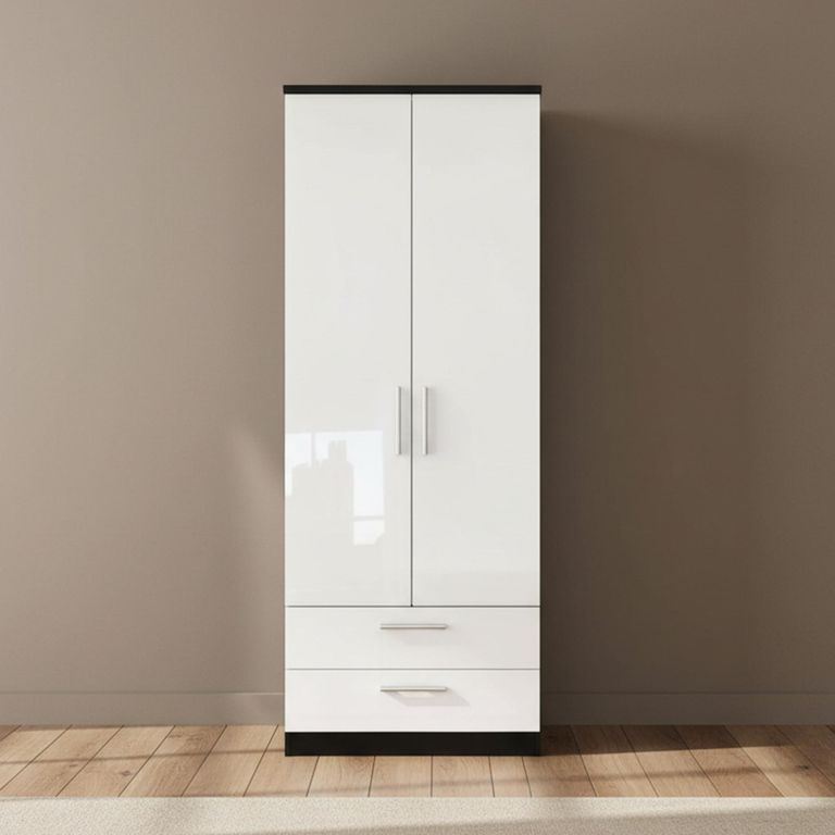 Knightsbridge Wardrobe - 2 Door - 2 Drawer - Tall - White Gloss and Black