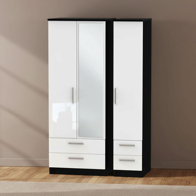 Knightsbridge Wardrobe - 3 Door - 1 Mirror - Tall Combi - White Gloss and Black