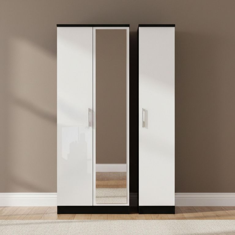 Knightsbridge Wardrobe - 3 Door - 1 Mirror - Tall Triple - White Gloss and Black