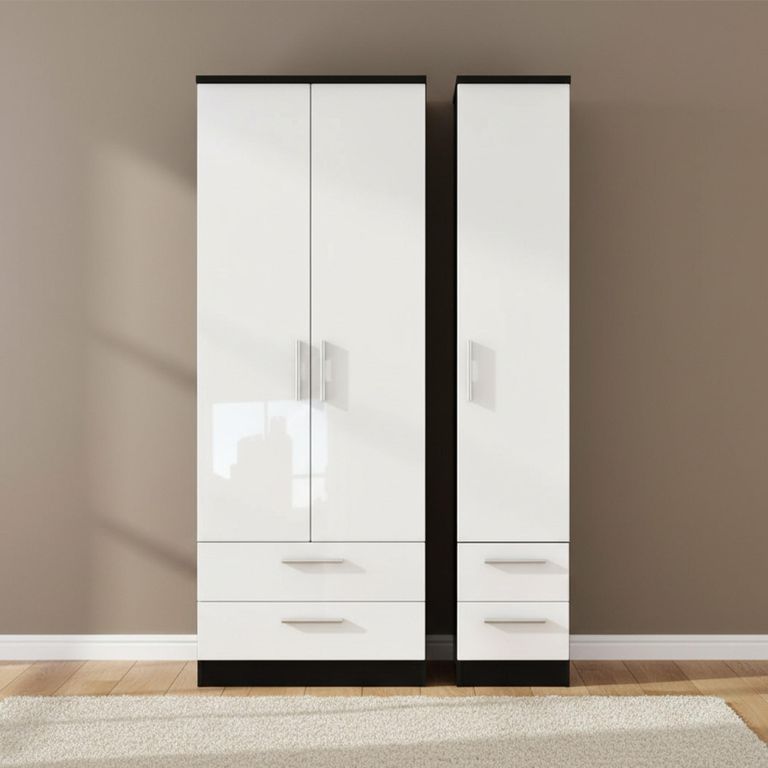 Knightsbridge Wardrobe - 3 Door - 4 Drawer - Tall Triple - White Gloss and Black