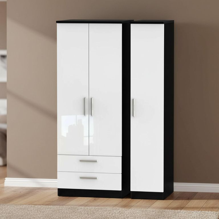 Knightsbridge Wardrobe - 3 Door - LHF 2 Drawer - Tall Triple - White Gloss and Black