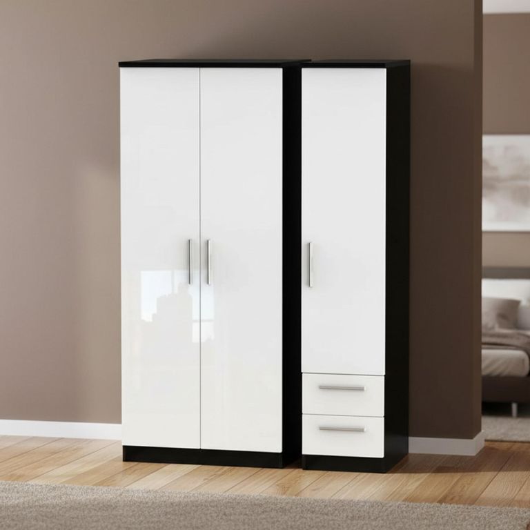 Knightsbridge Wardrobe - 3 Door - RHF 2 Drawer - Triple - White Gloss and Black