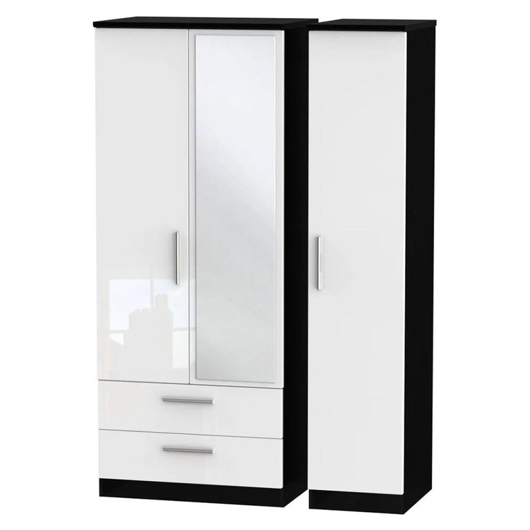 Knightsbridge Wardrobe - 3 Door - 1 Mirror - LHF 2 Drawer - Combi - White Gloss and Black