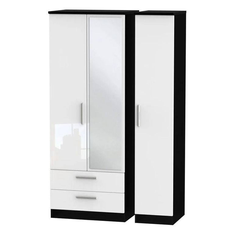Knightsbridge Wardrobe - 3 Door - 1 Mirror - LHF 2 Drawer - Tall Combi - White Gloss and Black