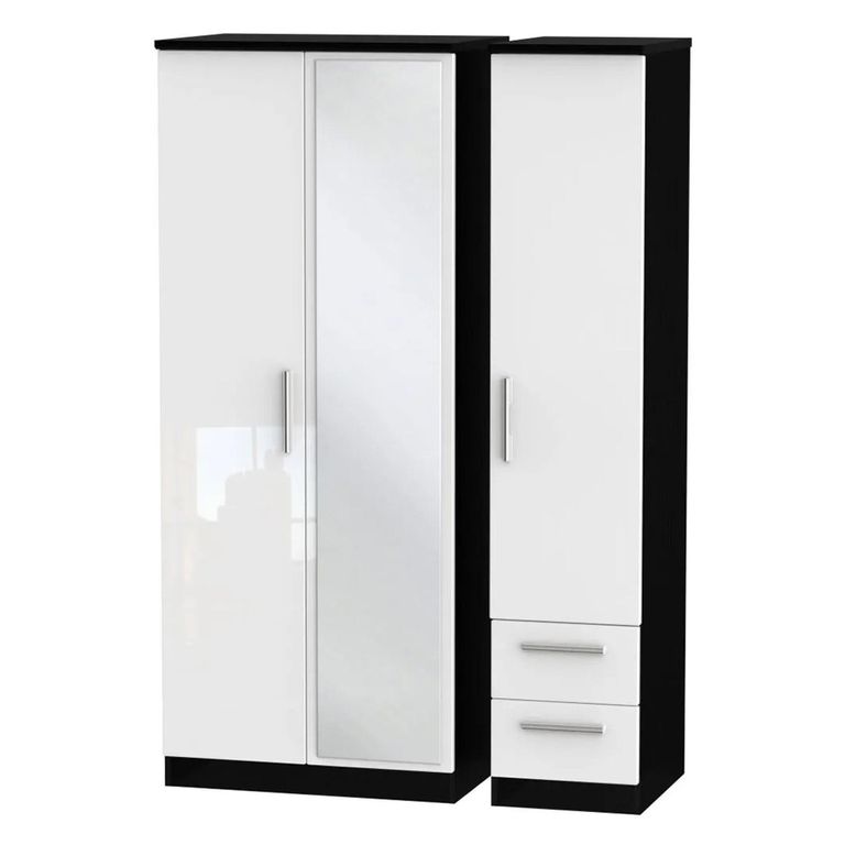 Knightsbridge Wardrobe - 3 Door - 1 Mirror - RHF 2 Drawer - Combi - White Gloss and Black