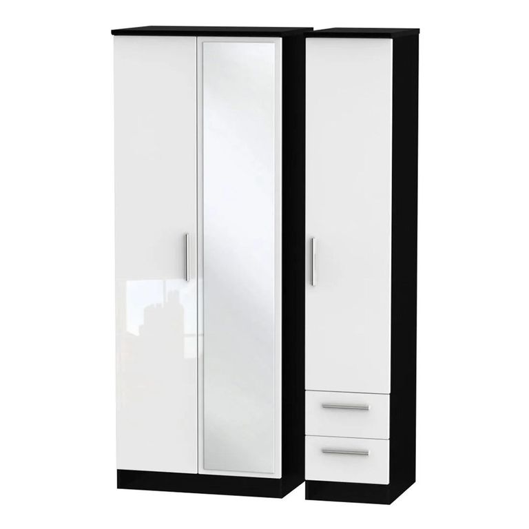Knightsbridge Wardrobe - 3 Door - 1 Mirror - RHF 2 Drawer - Tall Combi - White Gloss and Black
