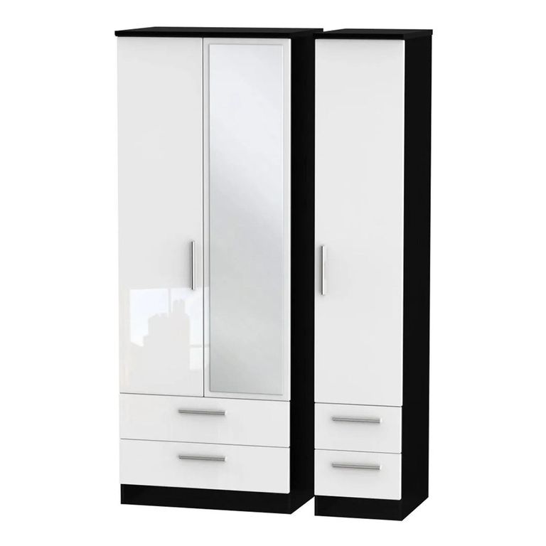Knightsbridge Wardrobe - 3 Door - 1 Mirror - Tall Combi - White Gloss and Black