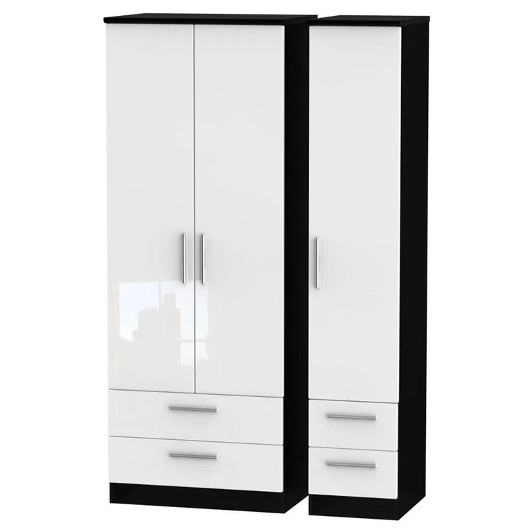 Knightsbridge Wardrobe - 3 Door - 4 Drawer - Tall Triple - White Gloss and Black
