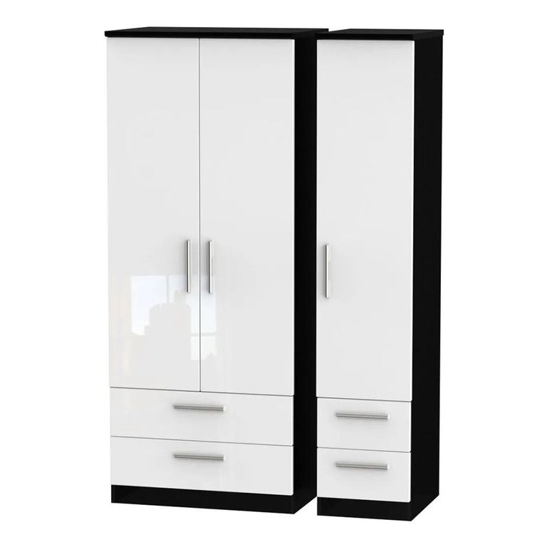 Knightsbridge Wardrobe - 3 Door - 4 Drawer - Triple - White Gloss and Black