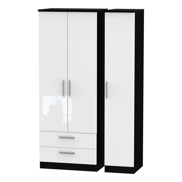 Knightsbridge Wardrobe - 3 Door - LHF 2 Drawer - Tall Triple - White Gloss and Black