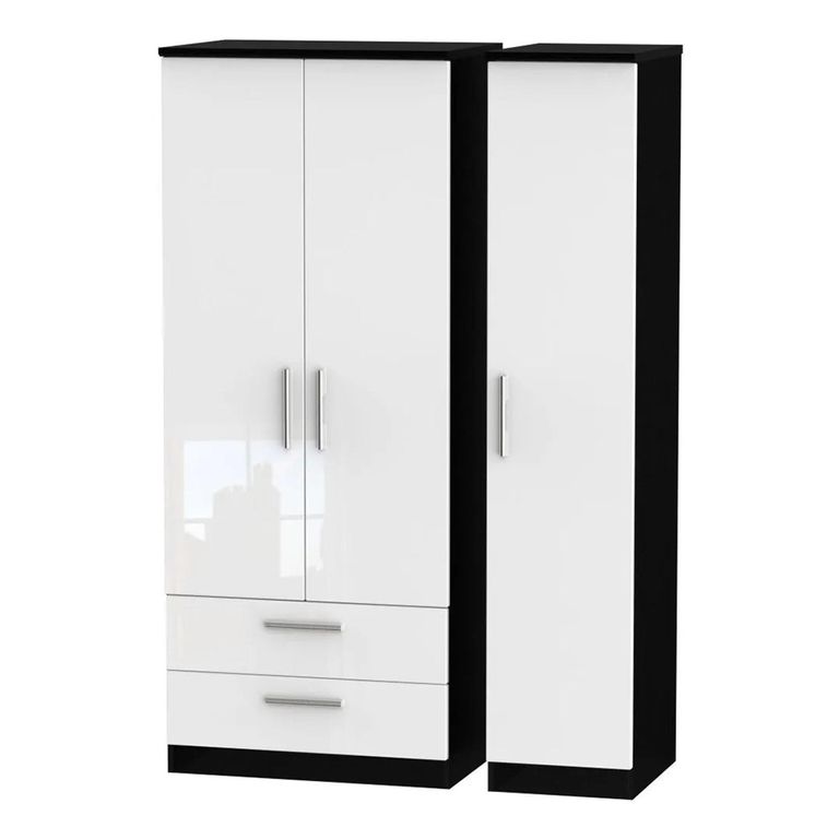Knightsbridge Wardrobe - 3 Door - LHF 2 Drawer - Triple - White Gloss and Black