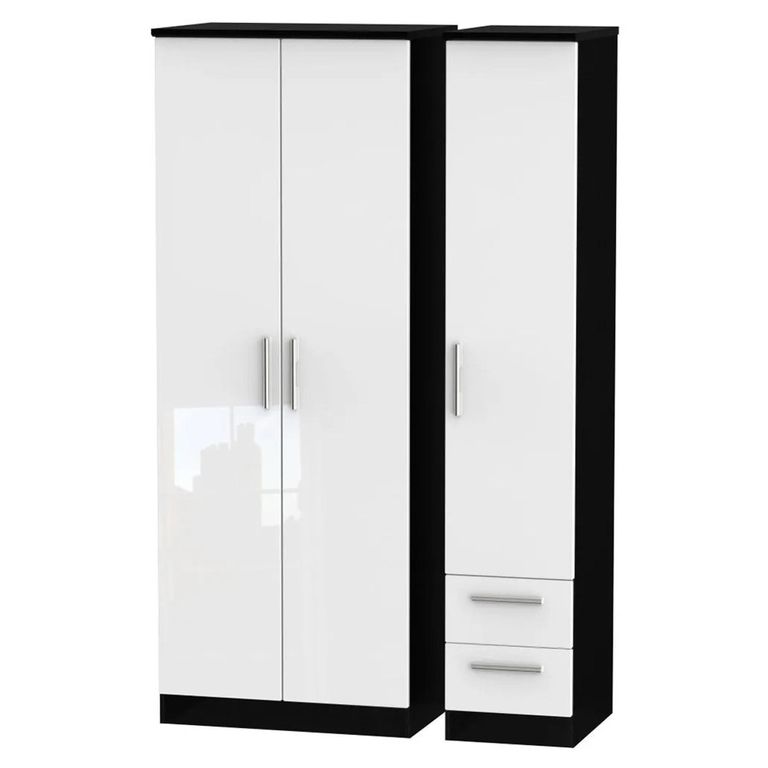 Knightsbridge Wardrobe - 3 Door - RHF 2 Drawer - Tall Triple - White Gloss and Black