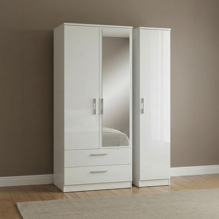 Knightsbridge Wardrobe - 3 Door - 1 Mirror - LHF 2 Drawer - Combi - White Gloss