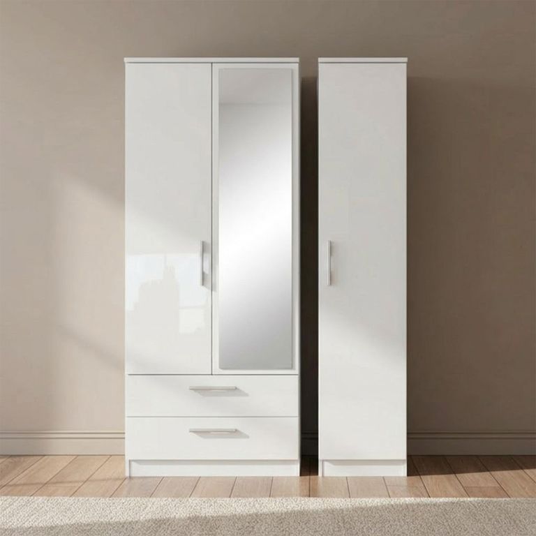 Knightsbridge Wardrobe - 3 Door - 1 Mirror - LHF 2 Drawer - Tall - Combi - White Gloss