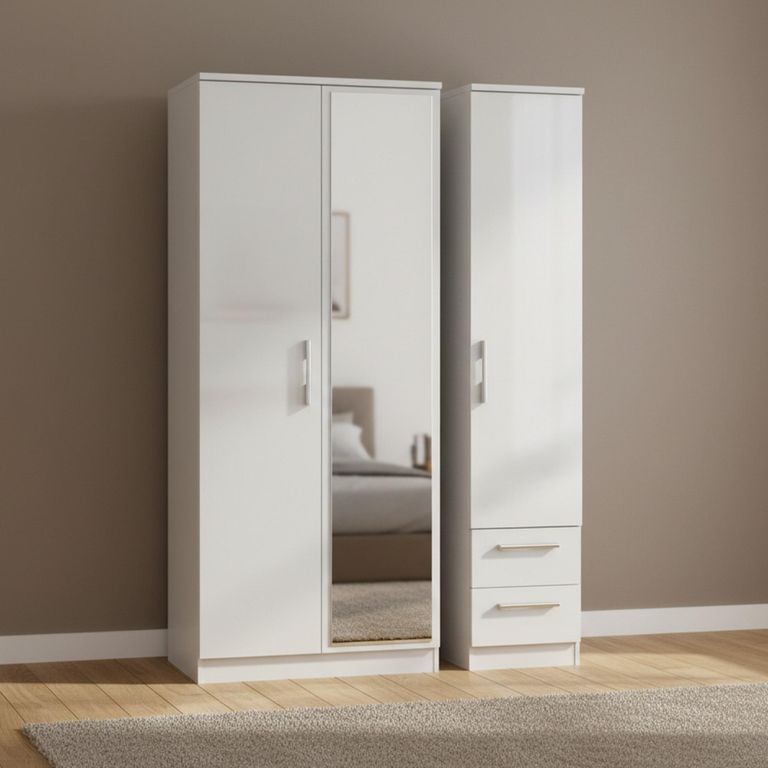 Knightsbridge Wardrobe - 3 Door - 1 Mirror - RHF 2 Drawer - Combi - White Gloss