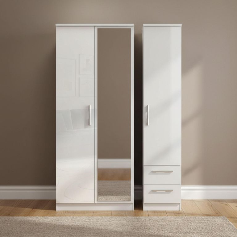 Knightsbridge Wardrobe - 3 Door - 1 Mirror - RHF 2 Drawer - Tall - Combi - White Gloss