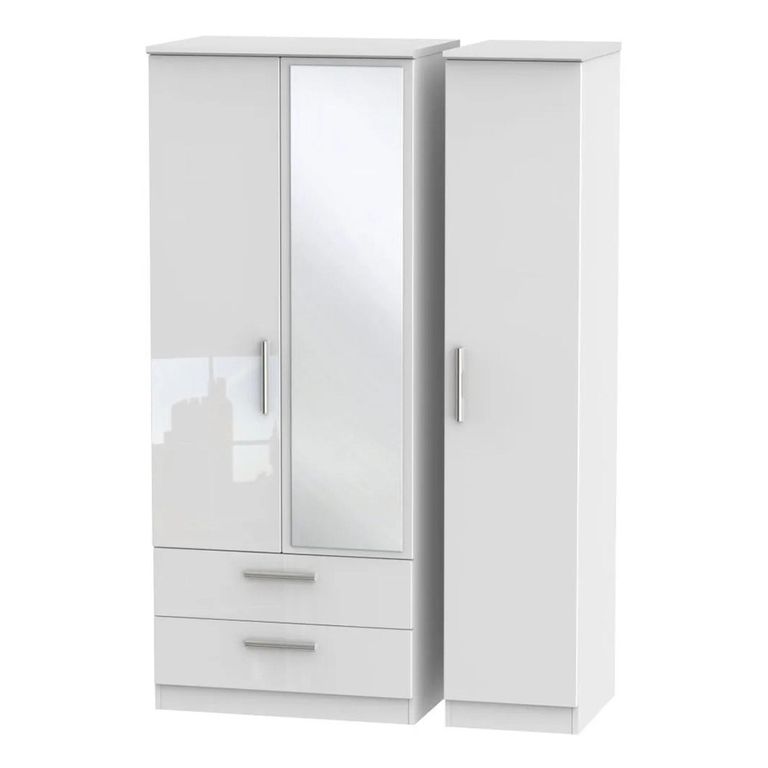 Knightsbridge Wardrobe - 3 Door - 1 Mirror - LHF 2 Drawer - Combi - White Gloss
