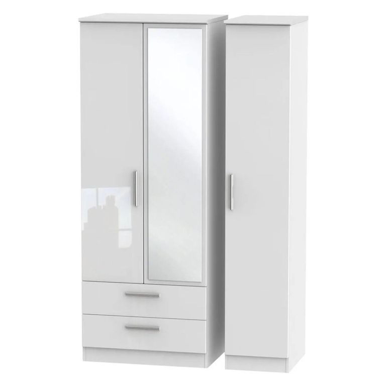 Knightsbridge Wardrobe - 3 Door - 1 Mirror - LHF 2 Drawer - Tall - Combi - White Gloss