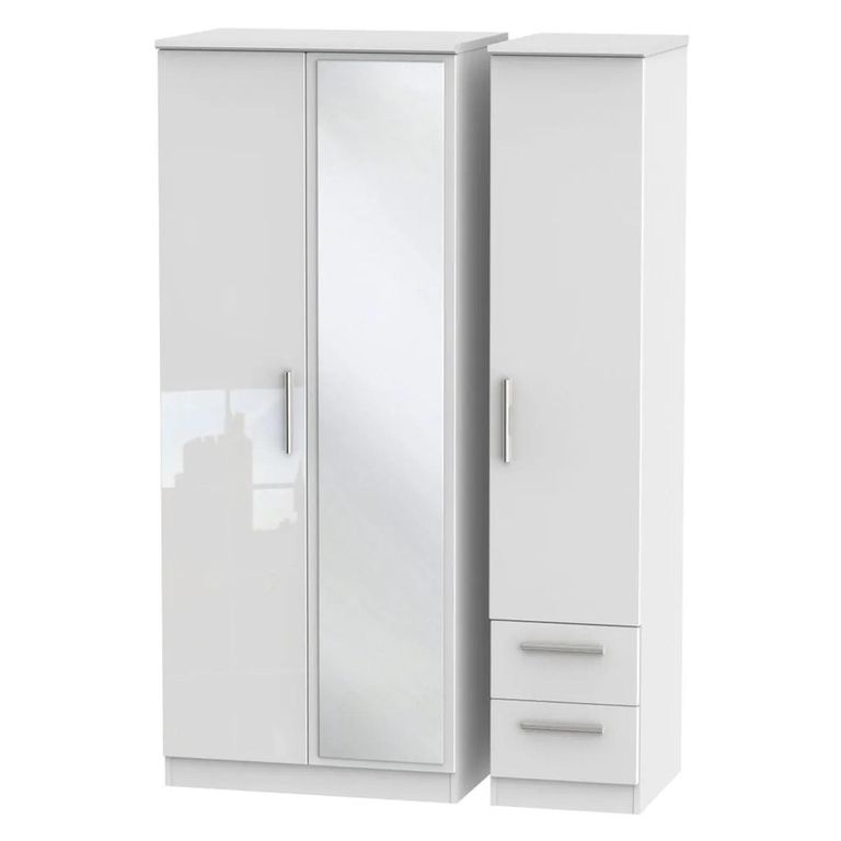 Knightsbridge Wardrobe - 3 Door - 1 Mirror - RHF 2 Drawer - Combi - White Gloss