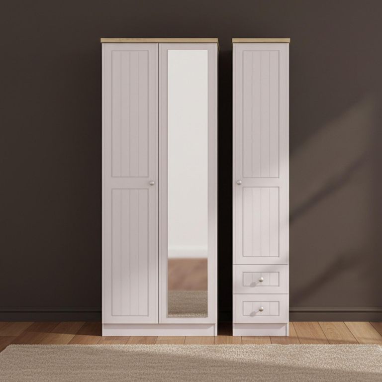 Vienna Wardrobe - 3 Door - 1 Mirror - RHF 2 Drawers - Tall - Combi - Cashmere