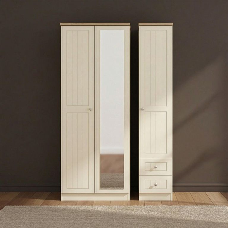 Vienna Wardrobe - 3 Door - 1 Mirror - RHF 2 Drawers - Tall - Combi - Cream