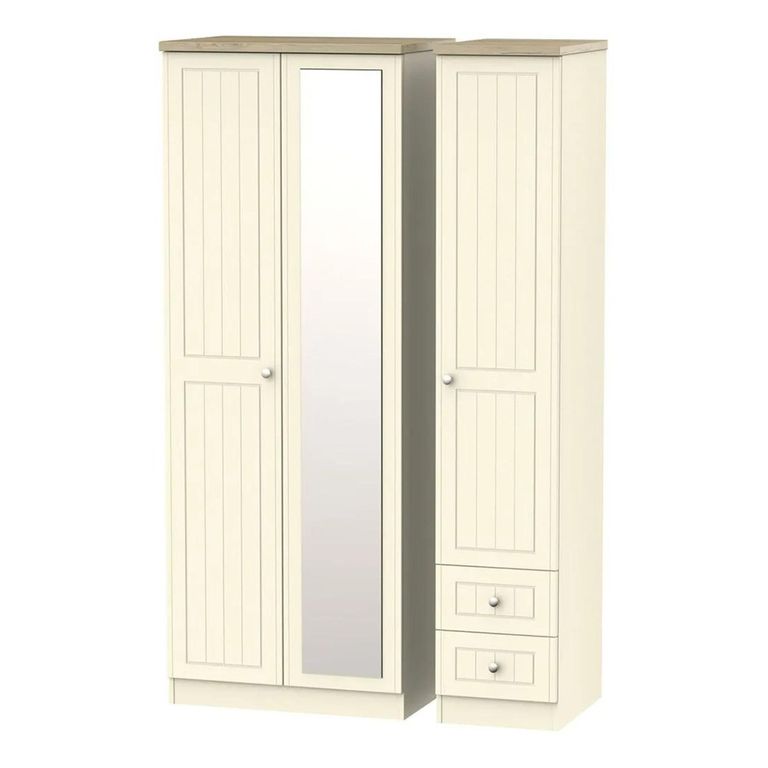 Vienna Wardrobe - 3 Door - 1 Mirror - RHF 2 Drawers - Tall - Combi - Cream