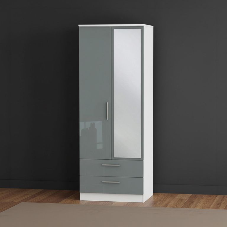 Knightsbridge Wardrobe - 2 Door - 1 Mirror - Combi - Grey Gloss and White