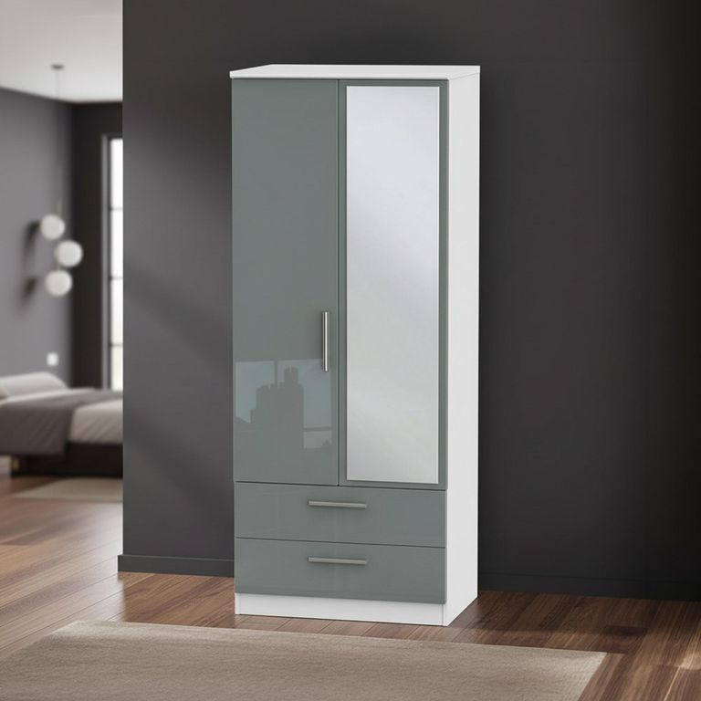 Knightsbridge Wardrobe - 2 Door - 1 Mirror - Combi - Tall - Grey Gloss and White