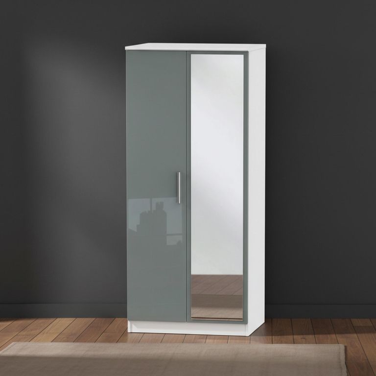 Knightsbridge Wardrobe - 2 Door - 1 Mirror - Grey Gloss and White