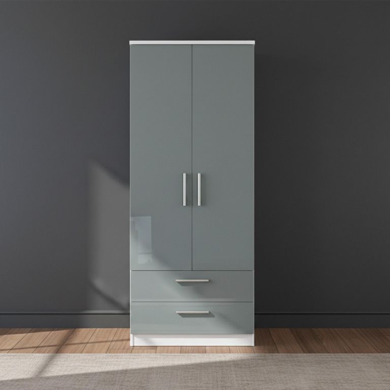Knightsbridge Wardrobe - 2 Door - 2 Drawer - Grey Gloss and White