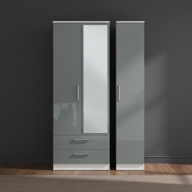 Knightsbridge Wardrobe - 3 Door - 1 Mirror - LHF 2 Drawers - Combi - Tall - Grey Gloss and White