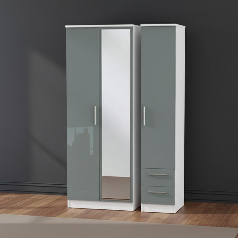 Knightsbridge Wardrobe - 3 Door - 1 Mirror - RHF 2 Drawers - Combi - Tall - Grey Gloss and White