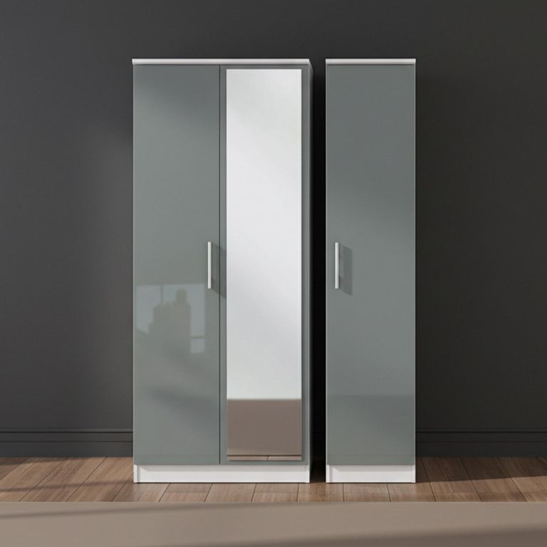 Knightsbridge Wardrobe - 3 Door - 1 Mirror - Triple - Grey Gloss and White