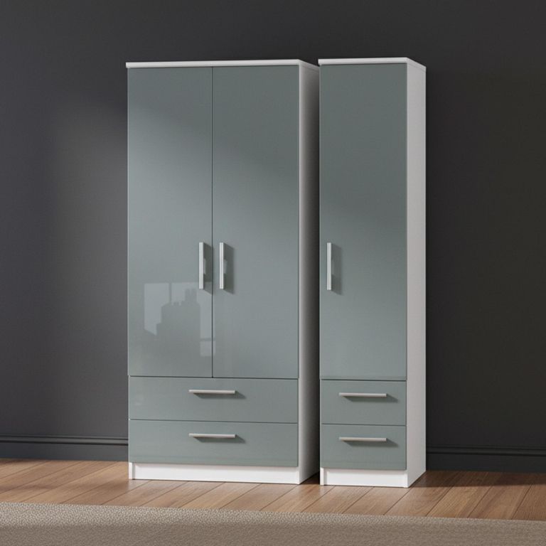 Knightsbridge Wardrobe - 3 Door - 4 Drawers - Triple - Grey Gloss and White