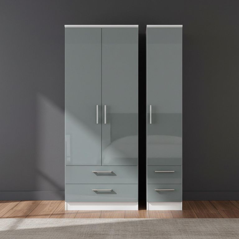 Knightsbridge Wardrobe - 3 Door - 4 Drawers - Triple - Tall - Grey Gloss and White