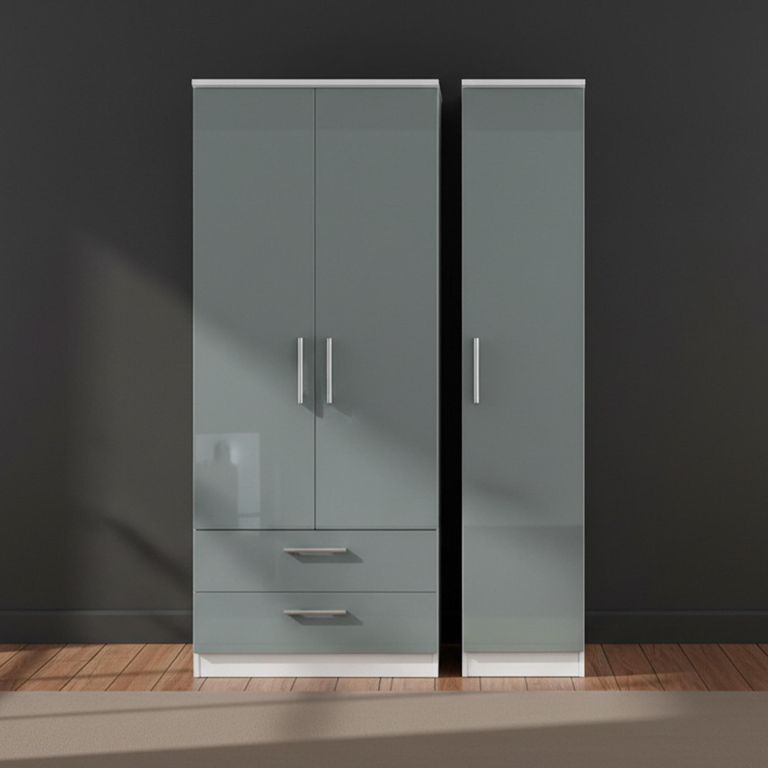 Knightsbridge Wardrobe - 3 Door - LHF 2 Drawers - Triple - Grey Gloss and White