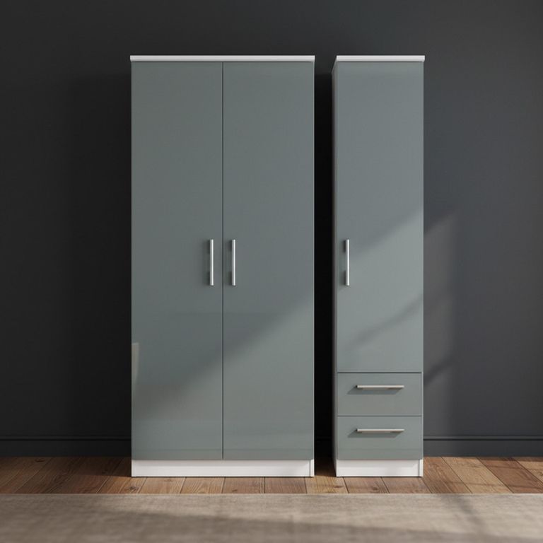 Knightsbridge Wardrobe - 3 Door - RHF 2 Drawers - Triple - Grey Gloss and White