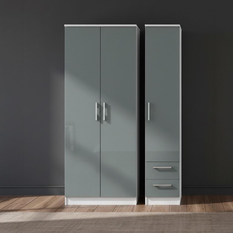 Knightsbridge Wardrobe - 3 Door - RHF 2 Drawers - Triple - Tall - Grey Gloss and White