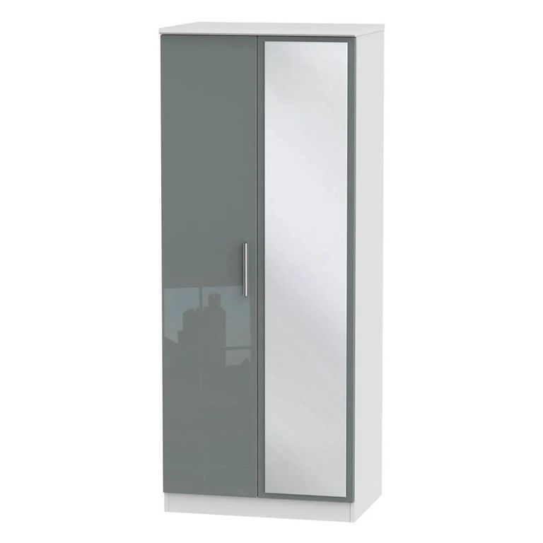 Knightsbridge Wardrobe - 2 Door - 1 Mirror - Grey Gloss and White