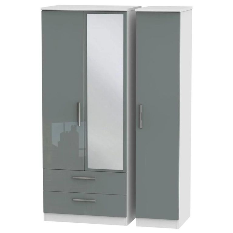 Knightsbridge Wardrobe - 3 Door - 1 Mirror - LHF 2 Drawers - Combi - Grey Gloss and White