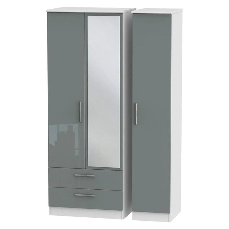 Knightsbridge Wardrobe - 3 Door - 1 Mirror - LHF 2 Drawers - Combi - Tall - Grey Gloss and White