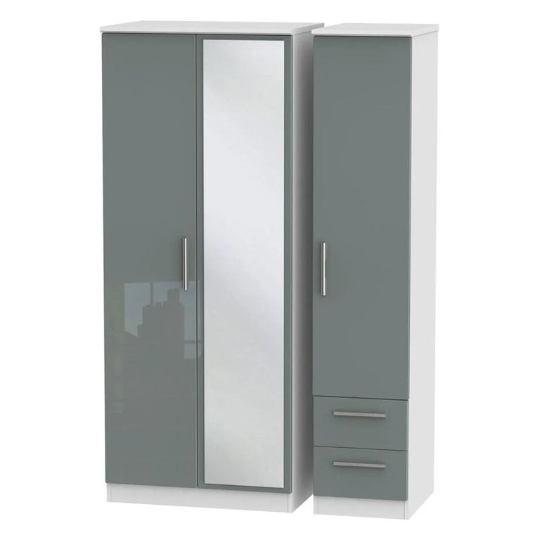 Knightsbridge Wardrobe - 3 Door - 1 Mirror - RHF 2 Drawers - Combi - Grey Gloss and White