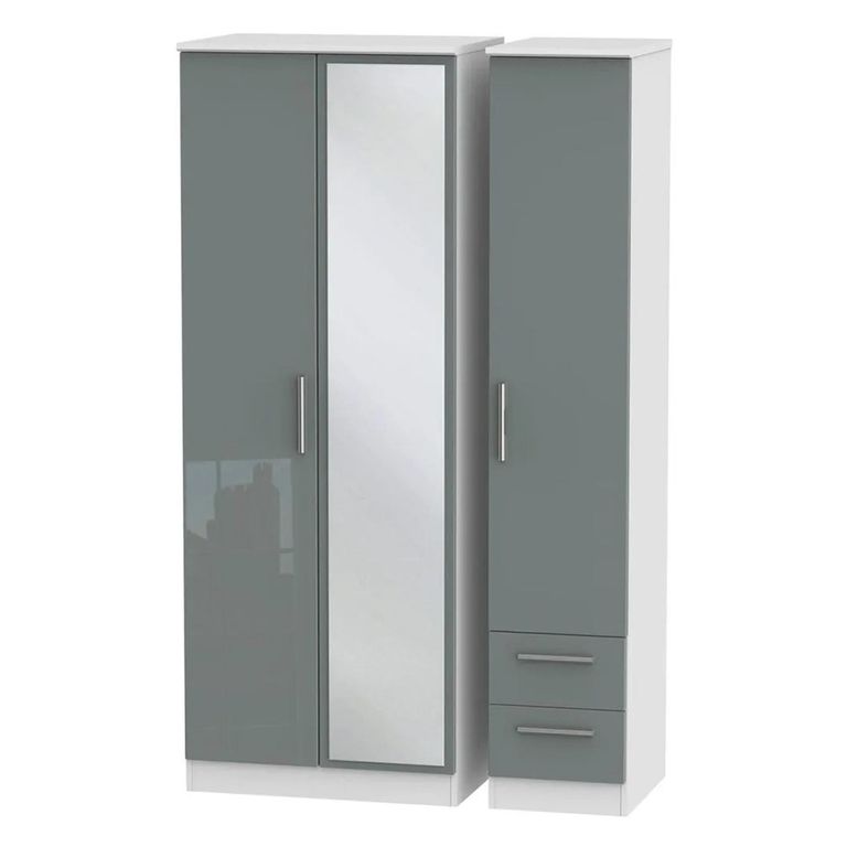 Knightsbridge Wardrobe - 3 Door - 1 Mirror - RHF 2 Drawers - Combi - Tall - Grey Gloss and White