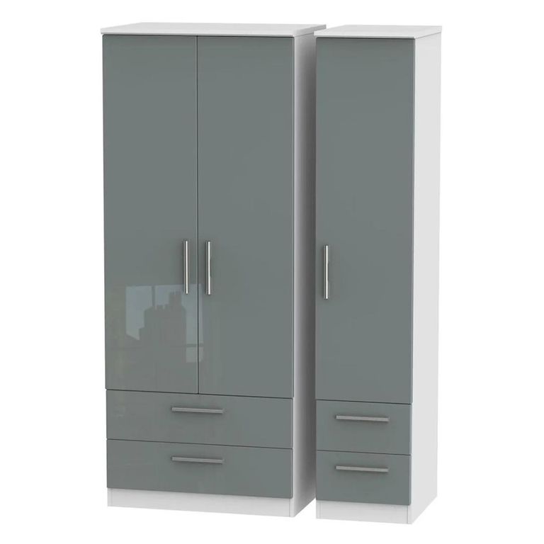 Knightsbridge Wardrobe - 3 Door - 4 Drawers - Triple - Grey Gloss and White