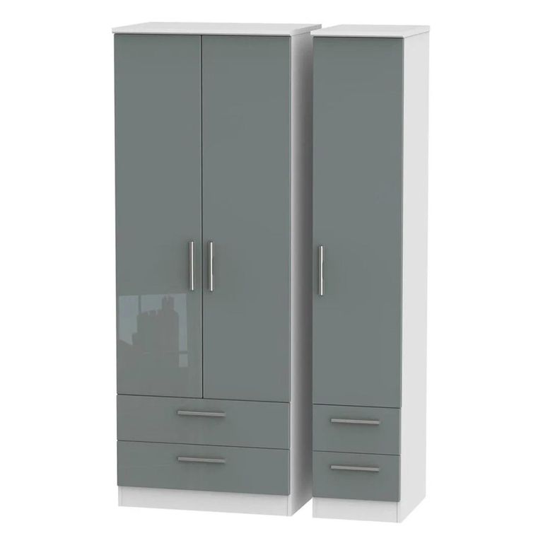 Knightsbridge Wardrobe - 3 Door - 4 Drawers - Triple - Tall - Grey Gloss and White
