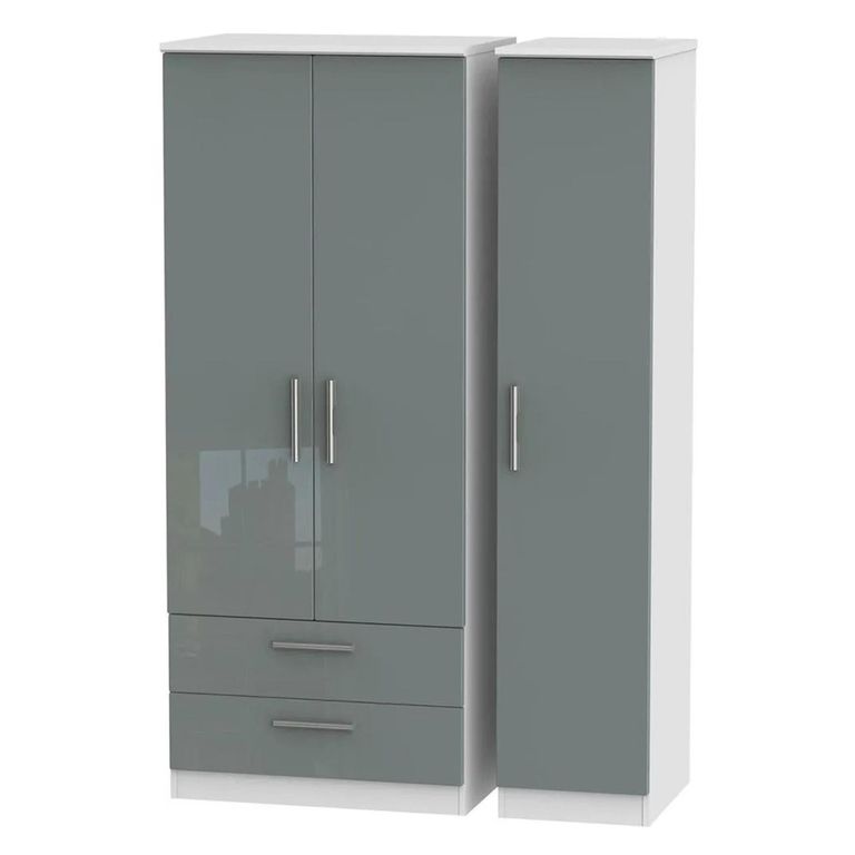Knightsbridge Wardrobe - 3 Door - LHF 2 Drawers - Triple - Grey Gloss and White