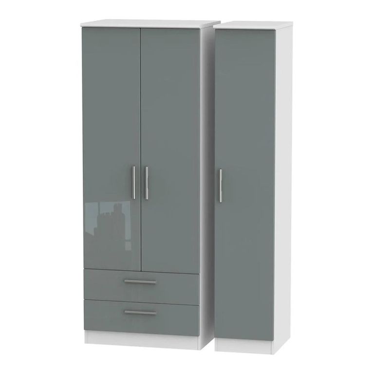 Knightsbridge Wardrobe - 3 Door - LHF 2 Drawers - Triple - Tall - Grey Gloss and White