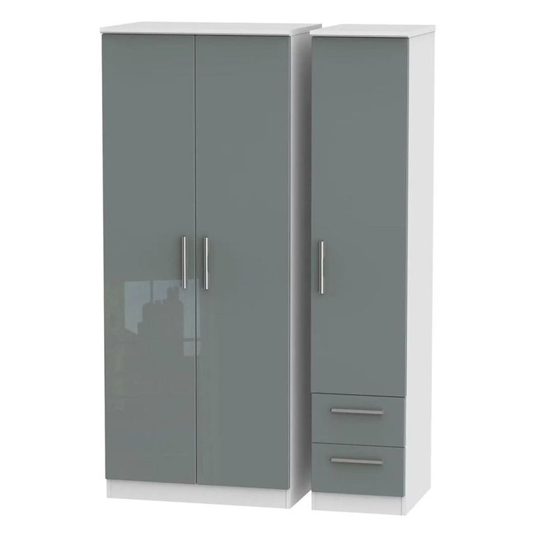 Knightsbridge Wardrobe - 3 Door - RHF 2 Drawers - Triple - Grey Gloss and White