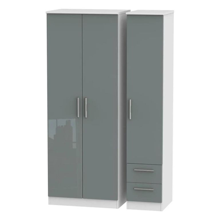 Knightsbridge Wardrobe - 3 Door - RHF 2 Drawers - Triple - Tall - Grey Gloss and White